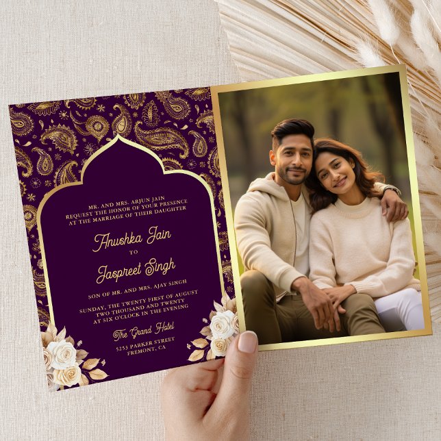 Invitation Purple Gold Paisley Floral QR Code Mariage indien (Inside)
