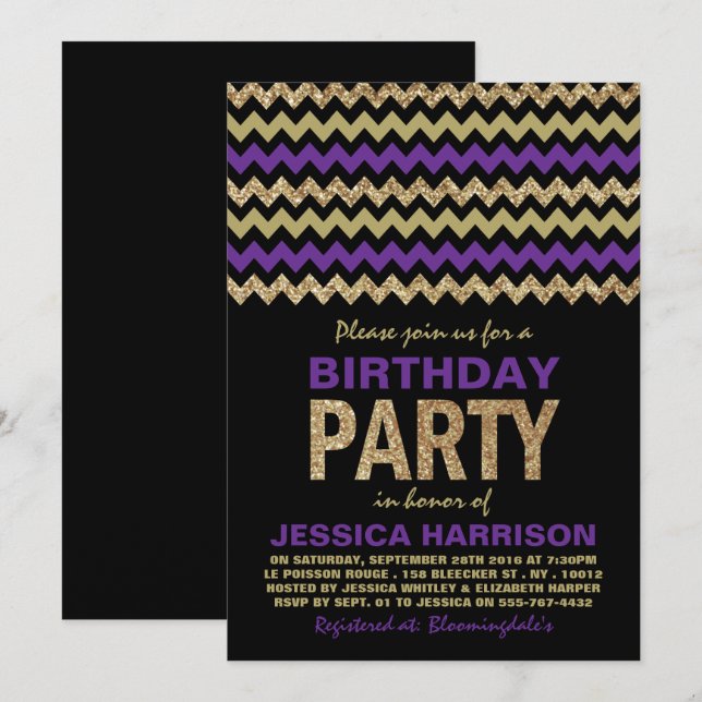 Invitation Purple & Gold Parties scintillant Chevron fête d'a (Devant / Derrière)