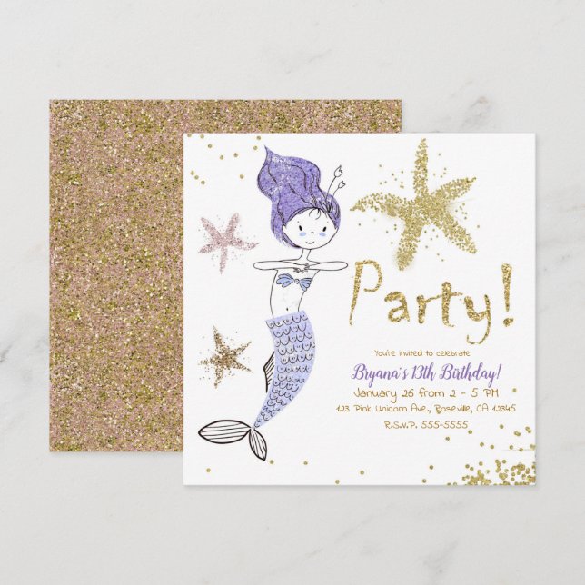 Invitation Purple & Gold Parties scintillant Sirène fête d'an (Devant / Derrière)