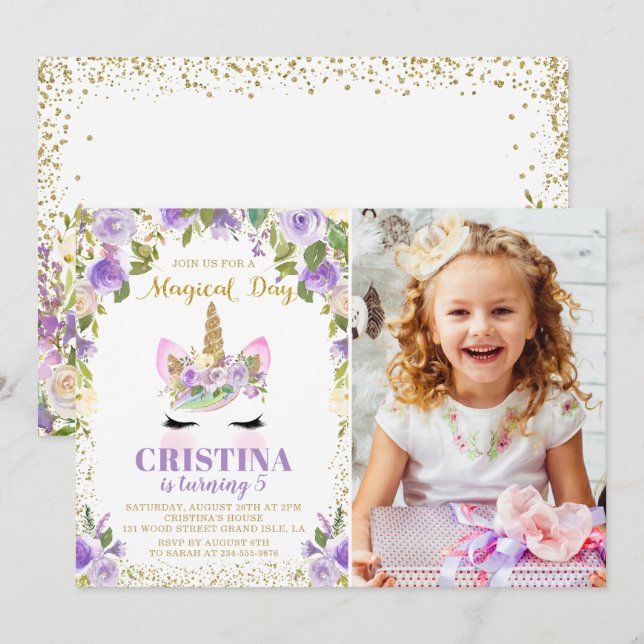 Invitation Purple Gold Parties scintillant Unicorn Floral Pho (Devant / Derrière)