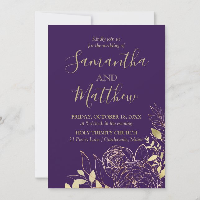 Invitation Purple & Gold Peony Mariage Floral moderne (Devant)