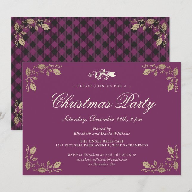 Invitation Purple Gold Plaid Fête de Noël (Devant / Derrière)