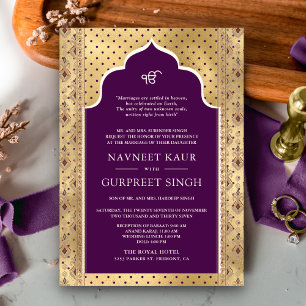 Invitation Purple Gold QR Code Anand Karaj Sikh Mariage