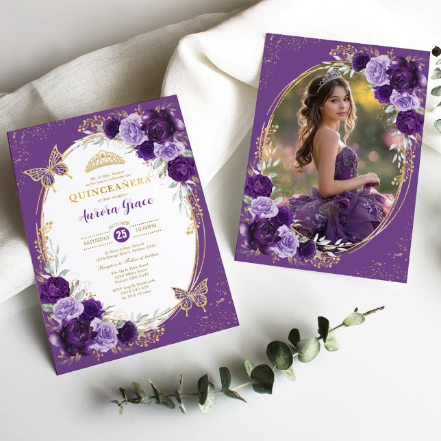 Invitation Purple Gold Quinceañera Flower Photo (Créateur téléchargé)