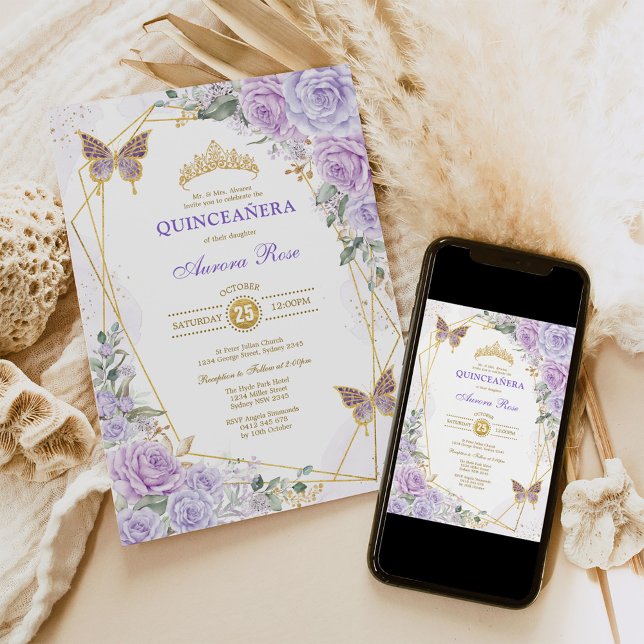 Invitation Purple Gold Quinceañera Papillon Rose Mis Quince (Créateur téléchargé)