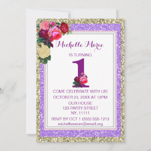 Invitation Purple Gold Rose Faux Parties scintillant Premier 