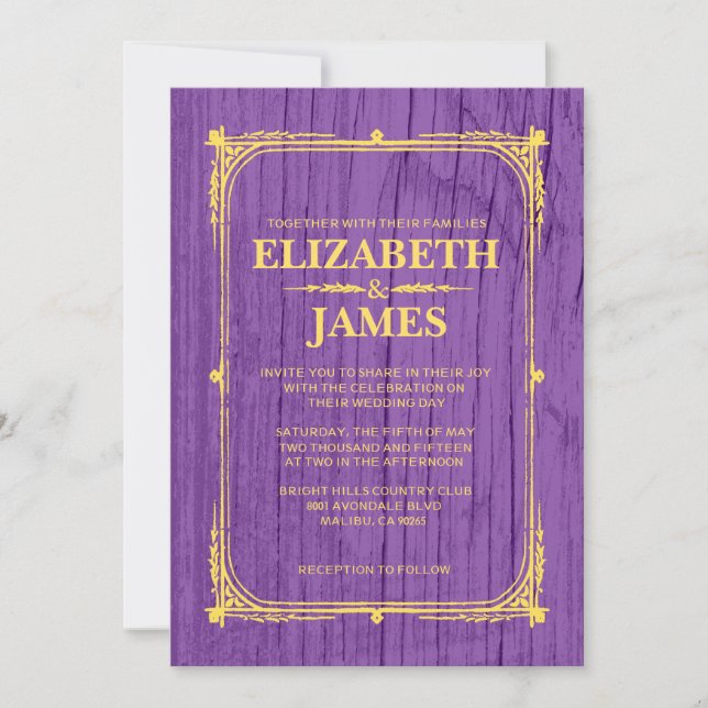 Invitation Purple & Gold Rustic Grange Bois de mariage Invita (Devant)