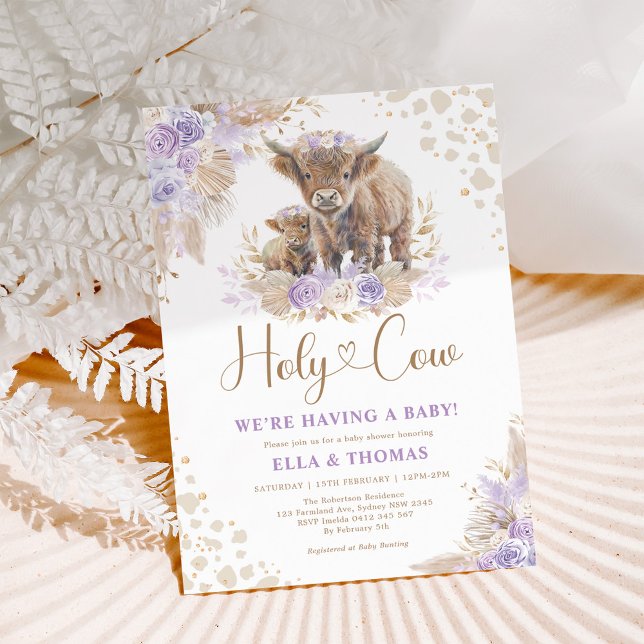 Invitation Purple Gold Saint Vache Boho Pampas Baby shower fi (Créateur téléchargé)