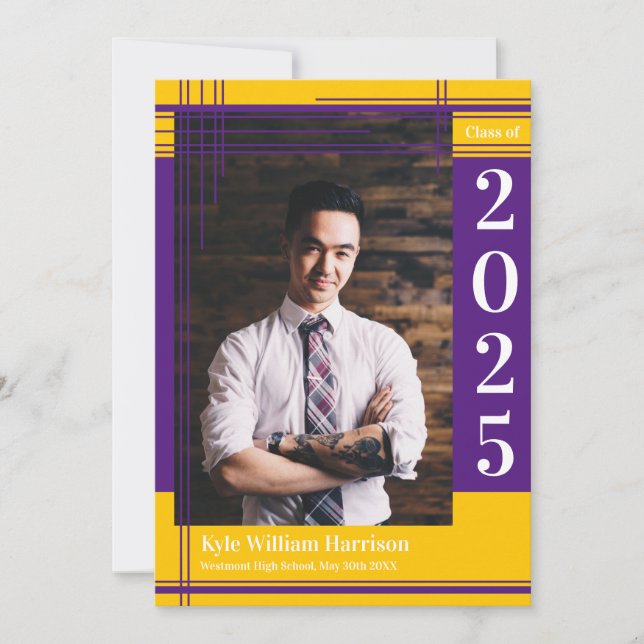 Invitation Purple Gold School Couleur Graduation Photo Plaid (Devant)