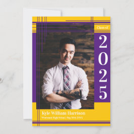 Invitation Purple Gold School Couleur Graduation Photo Plaid