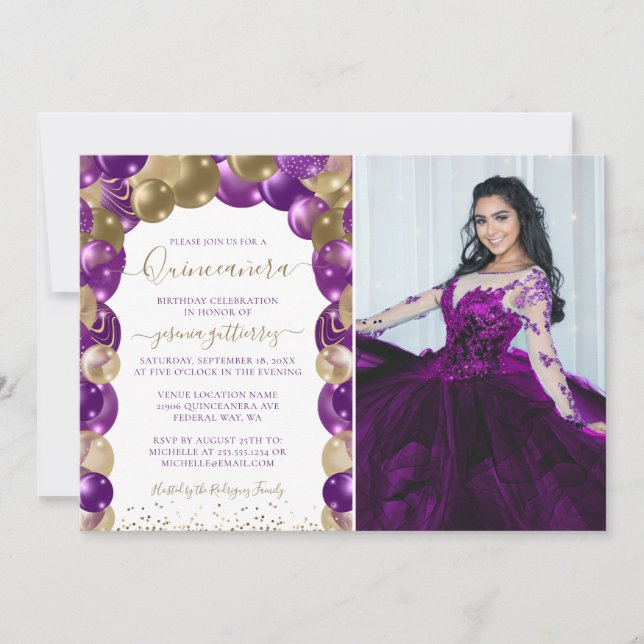 Invitation Purple Gold Sparkle Photo Quinceañera Balloon (Devant)