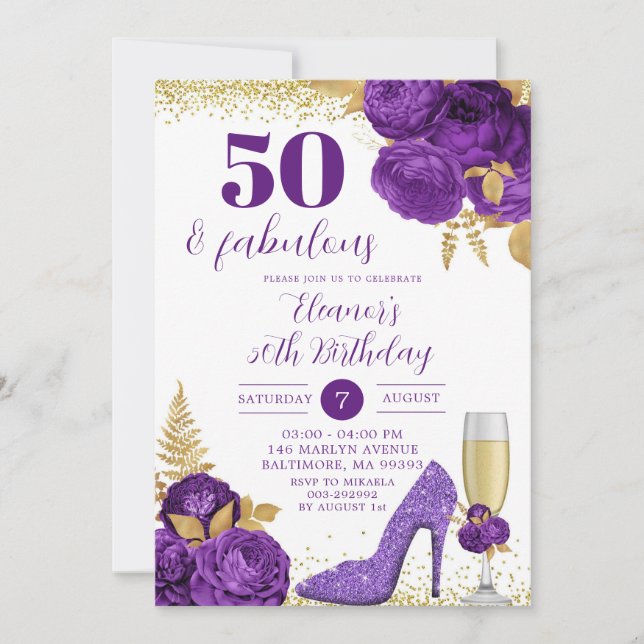Invitation Purple Gold Stiletto Champagne Adulte Anniversaire (Devant)