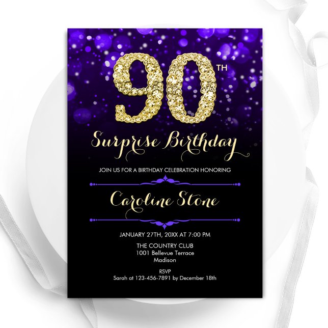 Invitation Purple Gold Surprise 90e anniversaire (Créateur téléchargé)