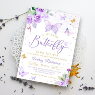 Invitation Purple Gold Un petit Baby shower floral à papillon