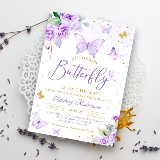 Invitation Purple Gold Un petit Baby shower floral à papillon (Créateur téléchargé)