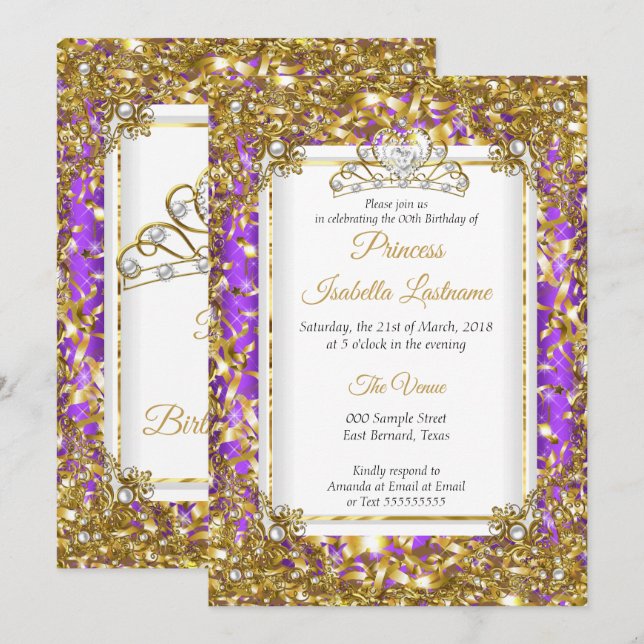 Invitation Purple Gold White Pearl Tiara fête d'anniversaire (Devant / Derrière)
