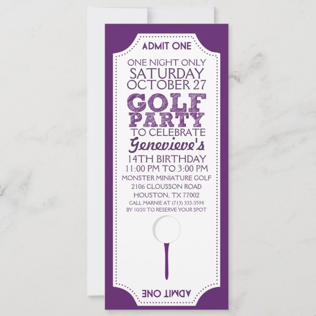 Invitation Purple Golf Billet Golf Anniversaire Fête Invitati (Devant)