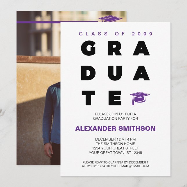 Invitation Purple Gras Lettres Diplômées et Diplôme de Casque (Devant / Derrière)