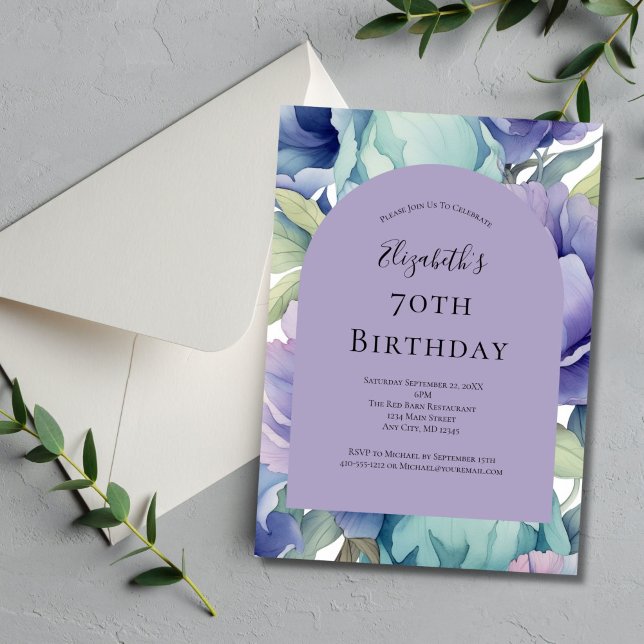 Invitation Purple Green Blue Floral 70e anniversaire pour ell (Purple Blue Green Watercolor Floral Arch 70th birthday ( or any year ) invitation. Printed or Digita)
