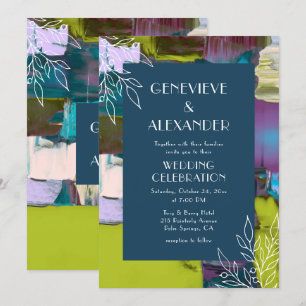 Invitation Purple Green Peint Abstrait Floral Mariage