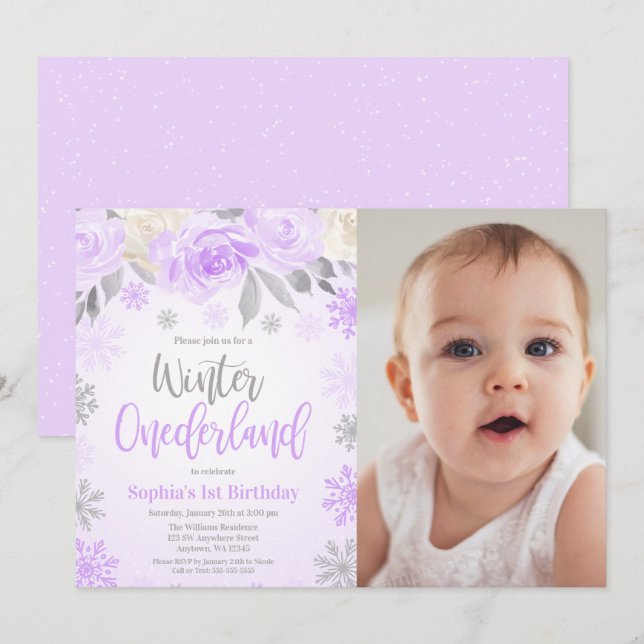 Invitation Purple Grey Floral Winter ONE derland Photo (Devant / Derrière)