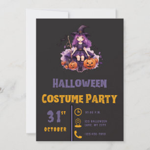 Invitation Purple Haired Witch et Citrouille Black Halloween