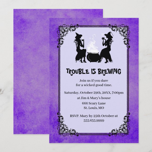 Invitation Purple Halloween sorcière problème est la fête de  (Devant / Derrière)
