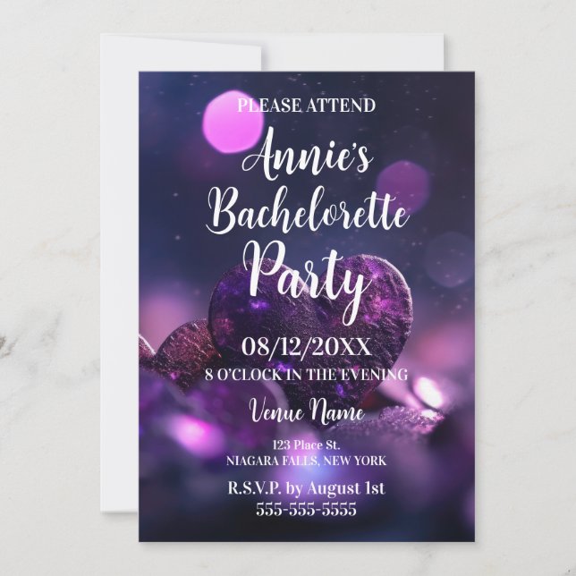 Invitation Purple Heart Bokeh Bachelorette (Devant)