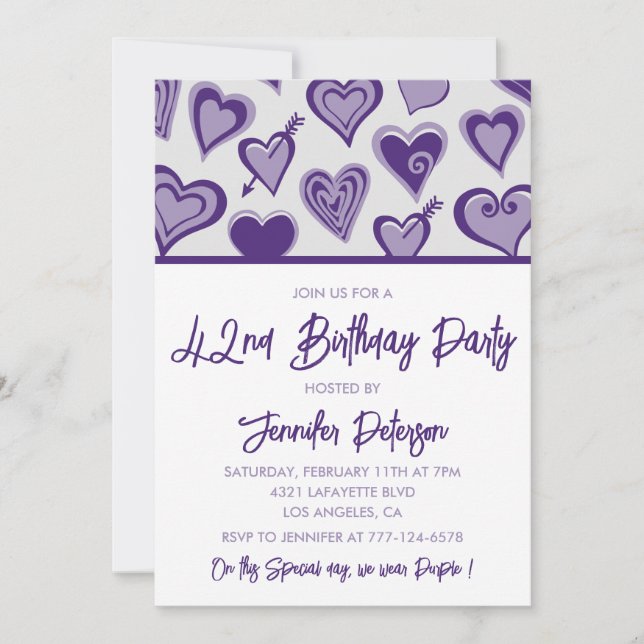 Invitation Purple Hearts Night Out Girly 42e anniversaire (Devant)