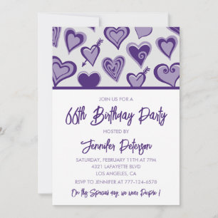 Invitation Purple Hearts  Soirée Fille 66e anniversaire
