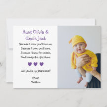 Purple Hearts Will You Be My Godparents with Photo