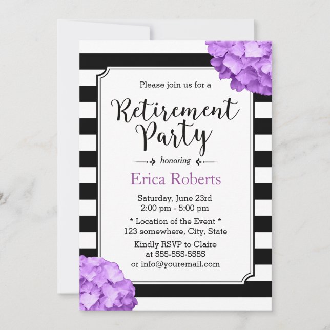 Invitation Purple Hydrangea Floral Moderne Stripes Retraite (Devant)