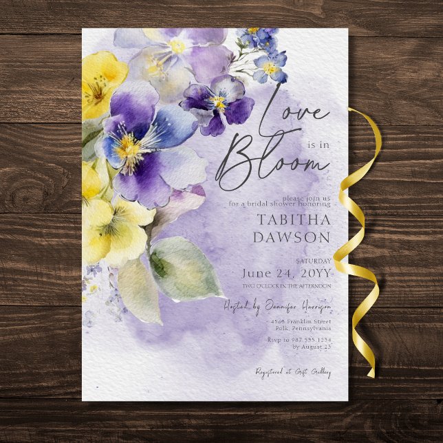 Invitation Purple Jaune Floral Amour En Fleur Douche Moderne (Purple Yellow Floral Love In Bloom Modern Shower Invitation)