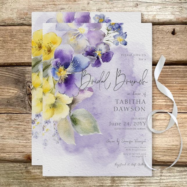Invitation Purple & Jaune Floral Moderne Brunch nuptial (Purple & Yellow Floral Modern Bridal Brunch Invitation)