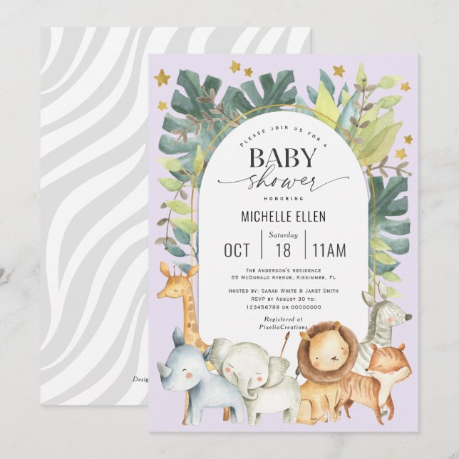 Invitation Purple jungle animaux mignon bébé fille douche (Devant / Derrière)
