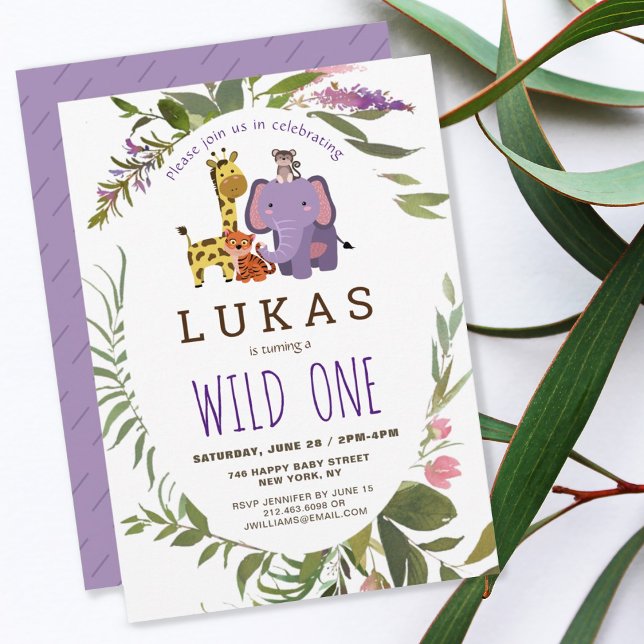 Invitation Purple Jungle Safari animal 1er anniversaire (Créateur téléchargé)