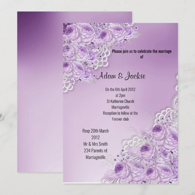 Invitation PURPLE LACE Florale ÉLÉGANT MARIAGE MODERNE (Devant / Derrière)