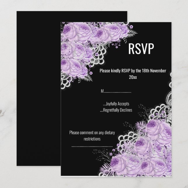 Invitation PURPLE LACE Florale ÉLÉGANT MODERNE RSVP (Devant / Derrière)