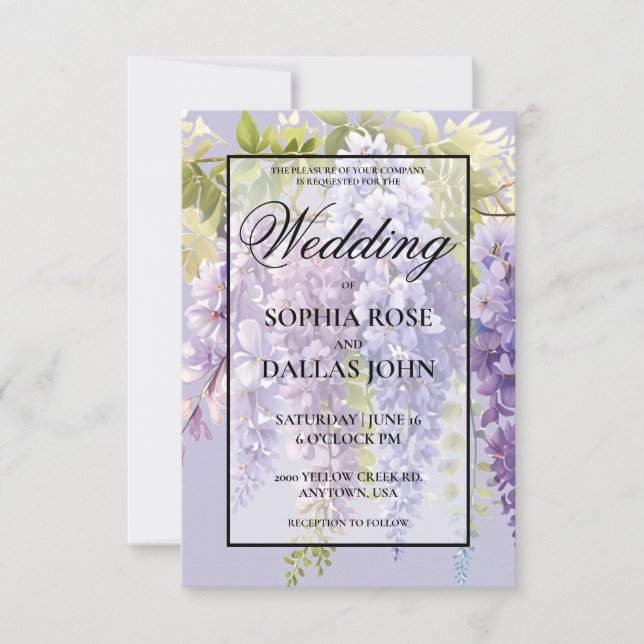 Invitation Purple lavande aquarelle fleurie glycine mariage (Devant)