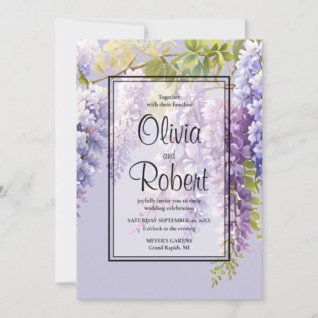 Invitation Purple lavande aquarelle fleurie glycine mariage (Devant)