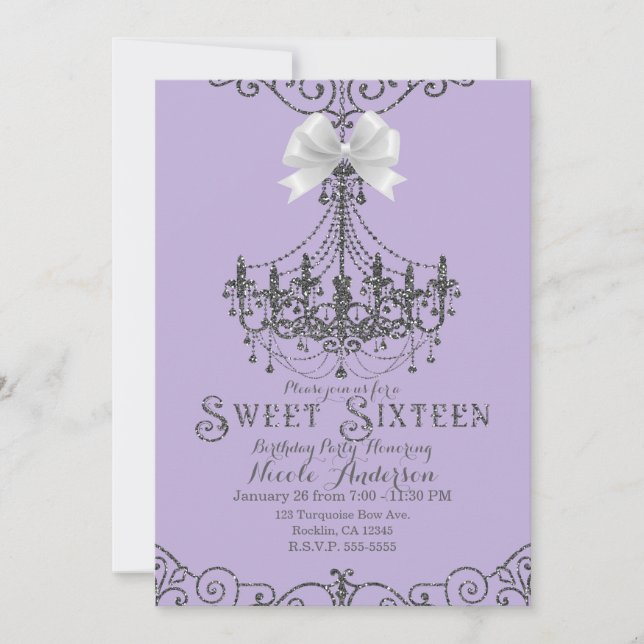 Invitation Purple Lavande Argent Blanc Bow Sweet 16 Seize (Devant)