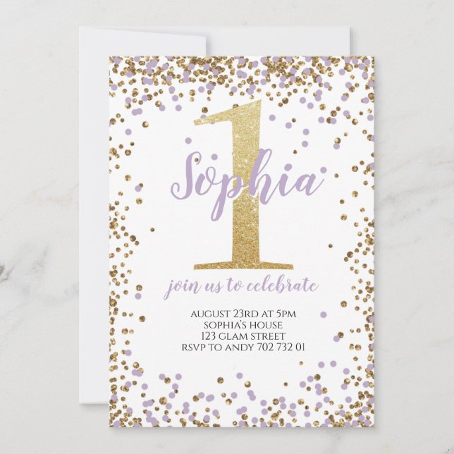 Invitation Purple Lavande Confetti fille premier anniversaire (Devant)