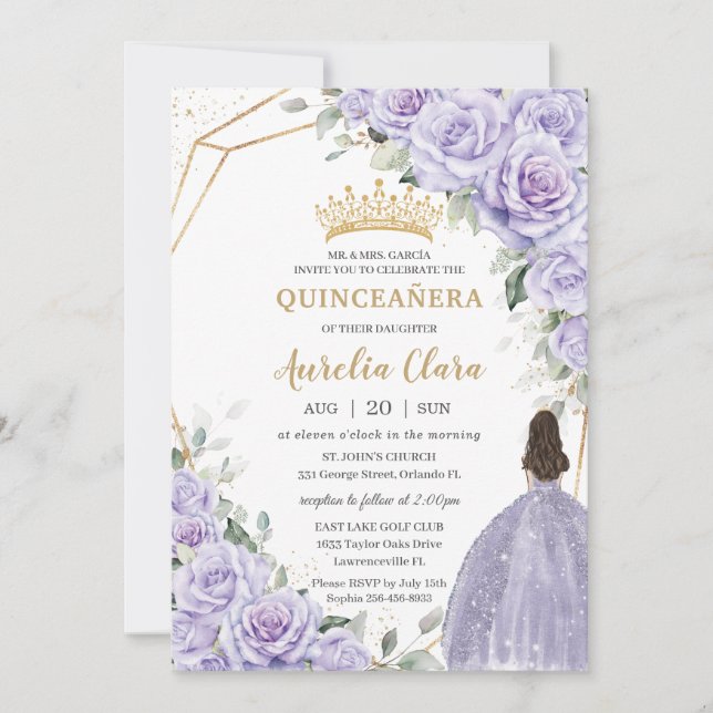 Invitation Purple Lavande Florale Princesse Or Quinceañera (Devant)
