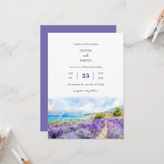 Invitation Purple Lavender Coastal Field Art Beach Mariage (Devant/Arrière en situation)