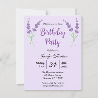 Invitation Purple Lavender fête d'anniversaire