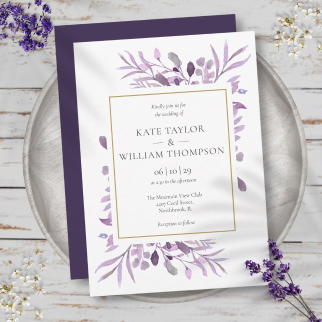 Invitation Purple Lavender Foliage Élégant Mariage Or (Purple Lavender Foliage Elegant Gold Wedding Invitation)
