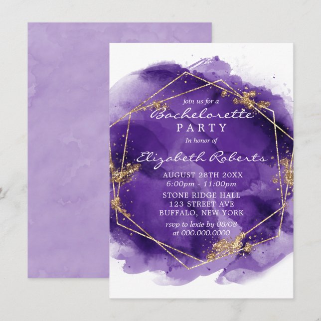 Invitation Purple Lavender Gold Paint Bachelorette Partie Inv (Devant / Derrière)
