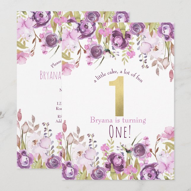 Invitation Purple Lavender Lilac Floral Moderne 1er Anniversa (Devant / Derrière)