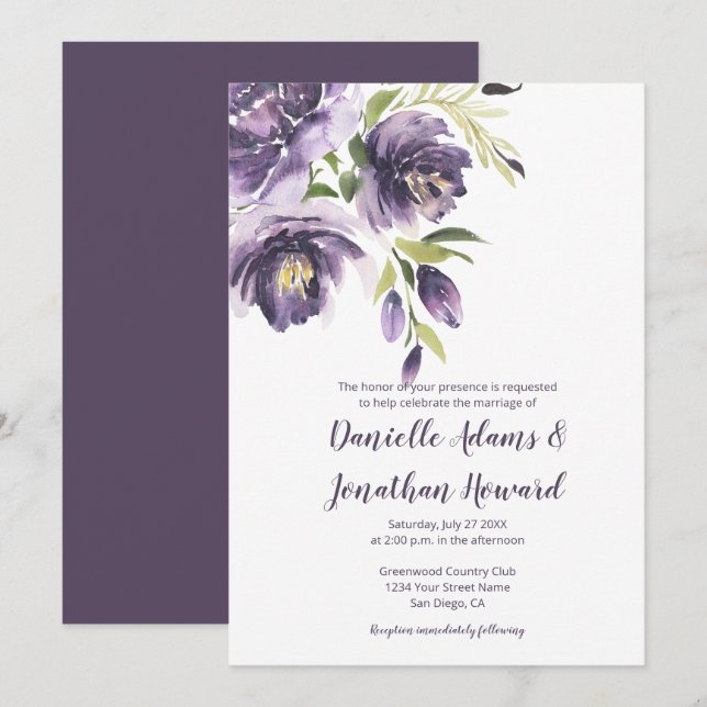 Invitation Purple Lavender Peonies Mariage de verdure (Devant / Derrière)
