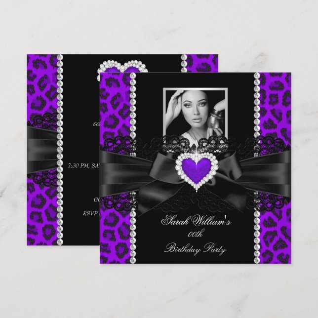 Invitation Purple Leopard Dentelle coeur photo Anniversaire f (Devant / Derrière)